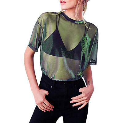 

Nomeni Women Hollow Transparent Round Neck Short Sleeve T-shirt Top Blouse