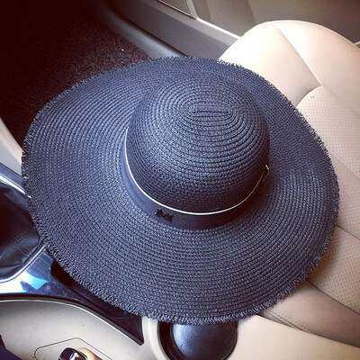 

Summer new black -word large brim hat beach hat along the beach hat Sun Hat Sun Hat Lady
