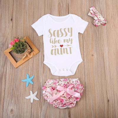 

3PCS Baby Girls Outfit Clothes Romper Jumpsuit HeadbandShort Pants Shorts Set