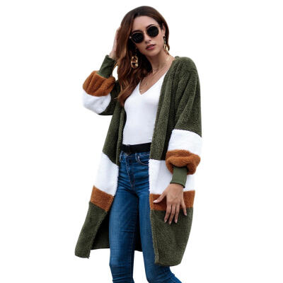 

Women Splicing Sweater Autumn Cardigan Plush Long Sleeve Loose Casual Coat