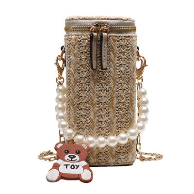 

Pearls Shoulder Messenger Handbags Women Straw Chain Crossbody Bucket Bags