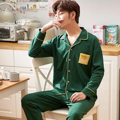 

Mens Cotton Pajama Set Long Sleeve Turn Down Collar PJ