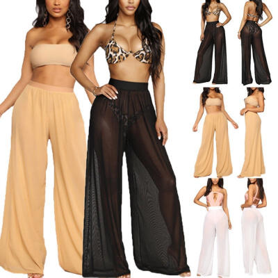 

2018 Summer Women Mesh Sheer Casual High Waist Wide Leg Long Pants Trousers