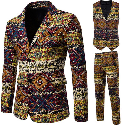 

Toponeto Mens Suit Slim Vintage Ethnic Style Party 3-Piece Jacket Coat & Pants&Vest