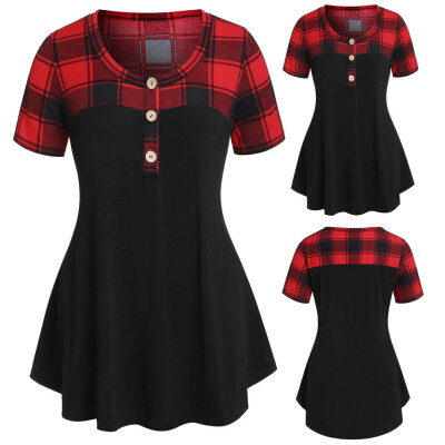 

Roseonmyhand Plus Size Fashion Women Plaid Printed Botton O-Neck Short Sleeve Tops Blouse
