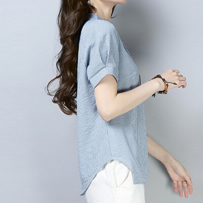 

Starmoon Women Cotton Linen Solid V-neck Short-sleeved Casual Loose T-Shirt Blouse