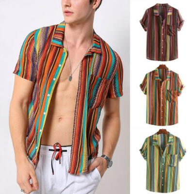 

Summer Mens Linen Short Sleeve Shirt Cool Loose Casual Shirts V-Neck Top T Shirt