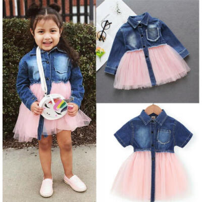 

Cute Toddler Baby Girl Summer ShortLong Sleeve Denim Tulle Party Dress Clothes