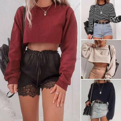 

Women Hoodie Crop Top Long Sleeve Sweatshirt Cropped Jumper Sweater Pullover