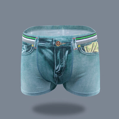 

Men Casual Underwear Tight Boxer Briefs Trunks 3D Denim Printing Mid Waist