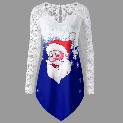 

Gobestart Fashion Women Merry Christmas Lace Panel Santa Claus Print T-shirt Tops Blouse