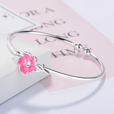 

1Pc Women Pink Cherry Blossom Silver Plated Open Cuff Bracelet Jewelry Creative Gift Bracelet