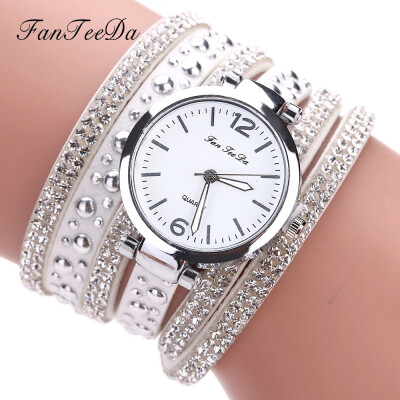 

FanTeeDa Multi Layers Women Quartz Bracelet Watch PU Leather Weave Wrap Crystal Wristwatch Jewelry Gifts 533