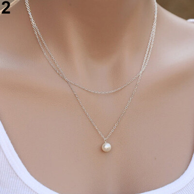 

Women\s Simple Multilayer Round Faux Pearl Charm Gold Plated Chain Necklace