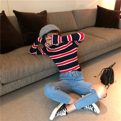 

Temperament round neck long sleeve thin section Slim thin contrast color striped sweater shirt shirt female 2018