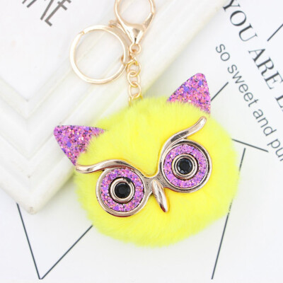 

Women Owl Faux Rabbit Fur Fluffy Key chain Key Ring Pompom Ball Pendant Cute