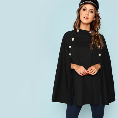 

SHEIN Black Highstreet Office Lady Double Button Mock Poncho Solid Elegant Coat 2018 New Autumn Women Workwear Outerwear Clothes