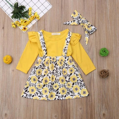 

Newborn Kids Baby Girls Floral Tops T-shirt Suspenders Dress Headband Outfit Set