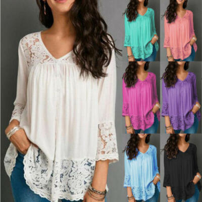 

New Women A-Line V-Neck Loose Short Sleeve Tunic Top T-Shirt Blouse Plus Size