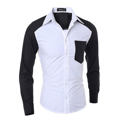 

Male Casual Slim Long Sleeve T-shirt Fashionable Turn-down Collar Tops Shirt with Patchwork Pattern for Indoor&Outdoor
