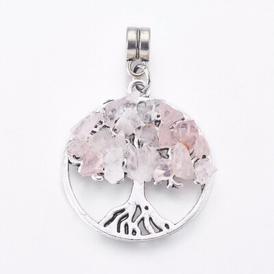 

Alloy European Dangle Beads with Natural Rose Quartz Chips Flat Round with Tree Antique Silver 38mm Hole 4mm 28x25x45mm