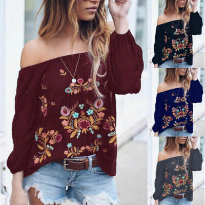 

US Fashion Women Casual T-shirt Flower Top Long Sleeve Off Shoulder Tee Blouse