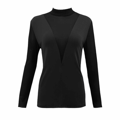 

Womens Sexy Standing Collar Mesh Perspective Stitching Slim Fit Tops T-Shirt
