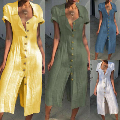 

Womens Short Sleeve Boho Cotton Linen Loose Long Maxi Dress Kaftan V-Neck Dress
