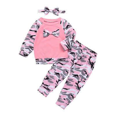 

New Year Newborn Baby Girls Clothes Set 3PCS Cute Bowknot T-shirt TopsCamouflage Long PantsHeadband Girl Military Style Outfit