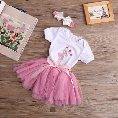 

3PCS New Baby Girl 1st Crown Romper Bodysuit Headband Birthday Tutu Skirt Outfit