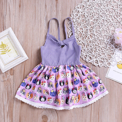 

Kid Bady Girl Strap Cartoon Print Bow Lace Patchwork Princess Casual Dress