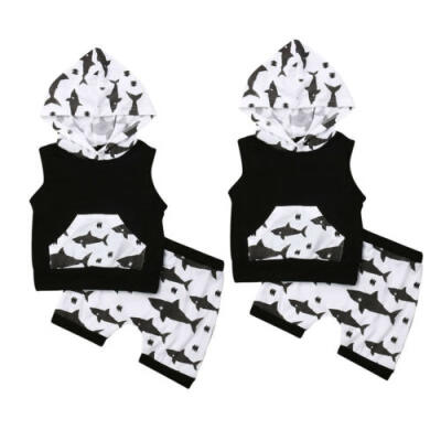 

US 2Pcs Newborn Baby Boy Summer Set Clothes Shark Hoodie Tops Pants Shorts 0-3Y