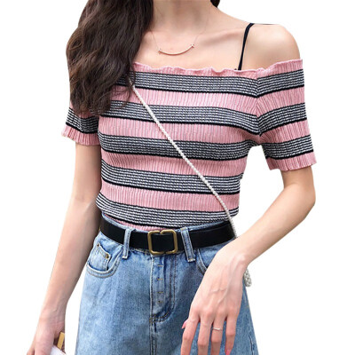 

Womens Pullover Casual Slash Neck Ruffles Striped Short Sleeve Slim Knitted Crop T-Shirt