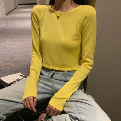 

Sexy Women Ladies Slim Short Tops Long Sleeve T Shirt Casual Solid O Neck Knitted Short Tops