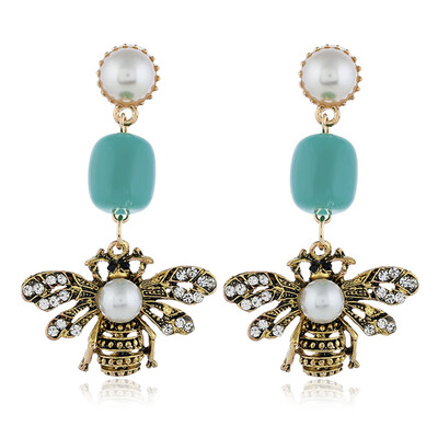 

Vintage Colorful Rhinestone Bee Women Long Dangle Faux Pearl Stud Earrings Gift