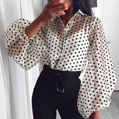 

2019 Fashion Womens Long Sleeve Shirt Blouse Polka Dot Buttons Casual Loose Tops