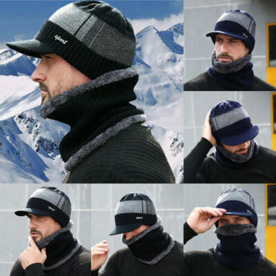 

Herren Warme Mütze Strick Visor Beanie Fleece Gefütterte Mütze mit Schirmmütze