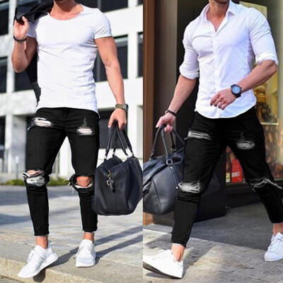 

Tailored Mens Fashion Denim Cotton Straight Hole Pocket Trouser Distressed Jeans Pant