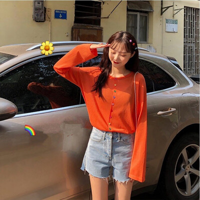 

Women Summer Knitted Round Collar Button Long Sleeve Casual Knit Pullover Loose Solid Color Tops Fashion