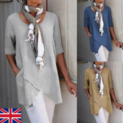 

UK Women Linen Long Sleeve Crossed Hem Shirt Blouse Ladies Summer Tee Tops