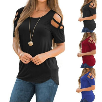 

New Women Ladies Summer Short Sleeve Strappy Cold Shoulder Casual T-Shirt Tops Blouses