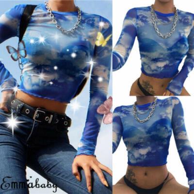 

Sexy Women High Neck Transparent Mesh Sheer Crop Top T-Shirt Blouse Tee Tops