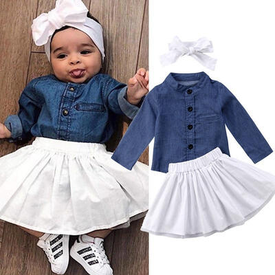 

3PCS Toddler Kids Baby Girl Denim ShirtSkirt DressHeadband Outfits Clothes Set