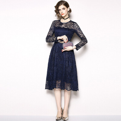 

2018 Autumn New Womens Lace Dresses Floral Crochet Hollow Out Vestidos Patchwork Casual Slim Office Party Dress