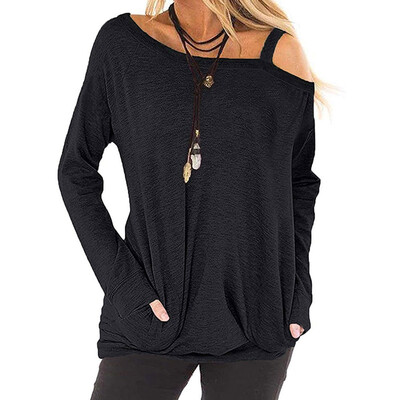 

Women Autumn Winter Fashion Casual Top with Pockets Pure Color T-shirt Loose Oblique collar Long sleeve T-Shirt