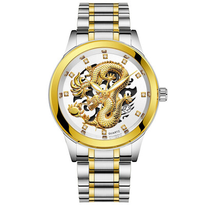 

Men Atmospheric Golden Dragon Dial Fashion Business Steel Band Calendar Watch