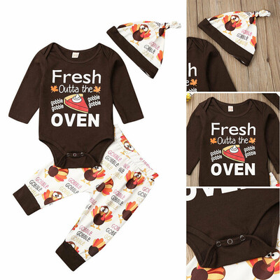 

Newborn Baby Boys Thanksgiving Romper Pants Hat Cotton Outfit Autumn Clothes Set