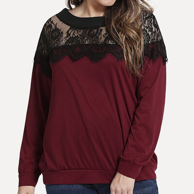 

Roseonmyhand Fashion Women Casual Solid O-Neck Lace Hollow Out Patchwork Long Sleeve Tops