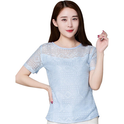 

Womens Short Sleeve Lace Hollow Out Blouses T Shirts Loose Summer Casual O-Neck Top