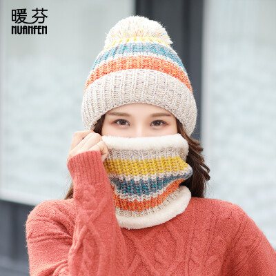 

Warm Fen nuanfen hat female winter autumn thickening plus velvet knit warm wool hat clip color collar cap hat knitted wool hat set neck two-piece CM3027D beige